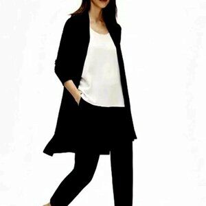 Eileen Fisher Black Organic Cotton Longline Open Cardigan M Minimalist Layer